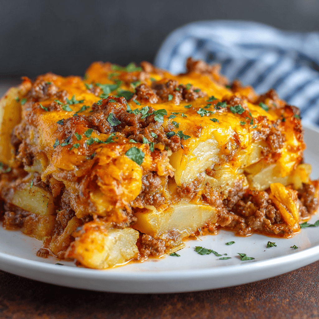Cheesy Ground Beef & Potato Casserole is a Family Favorite!
