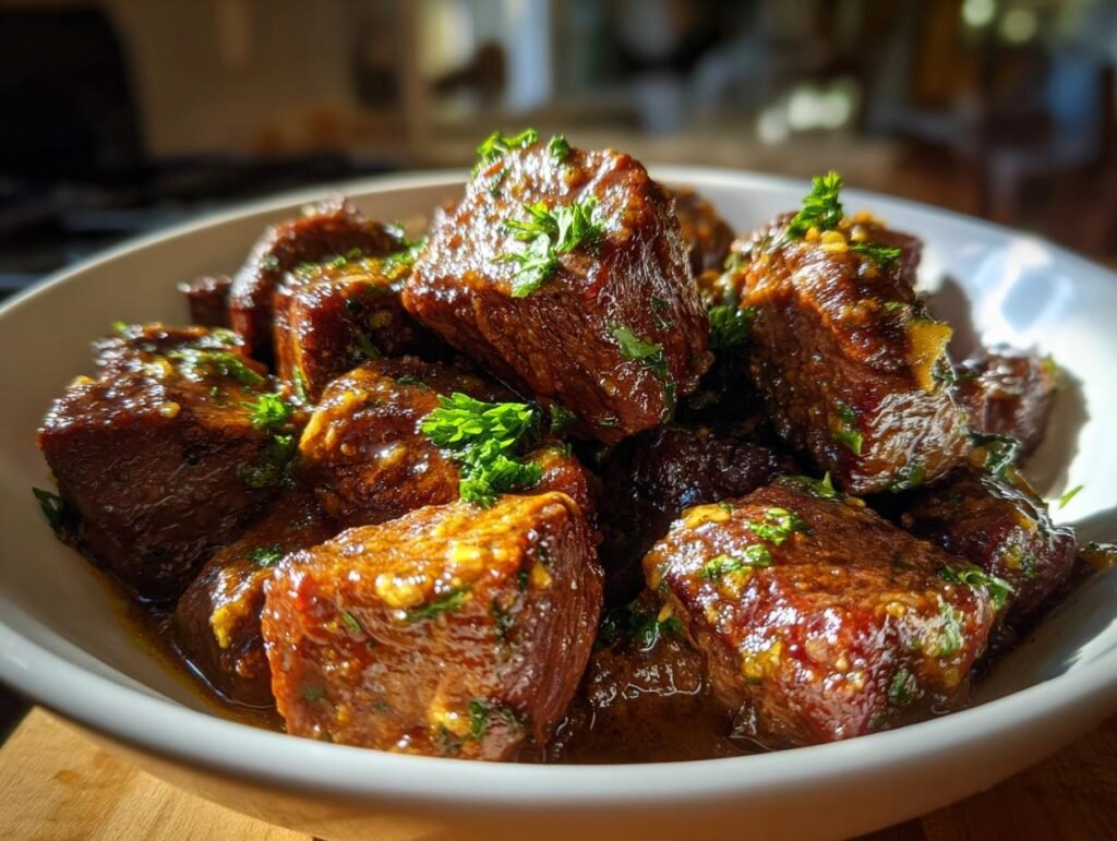 High Protein Slow Cooker Garlic Butter Beef Bites
