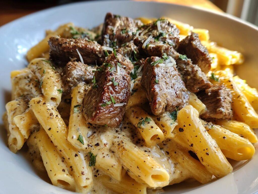 Cajun Steak Tips in Cheesy Rigatoni Parmesan Sauce