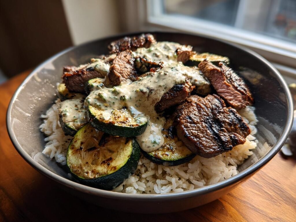 Grilled Steak Bowl with Creamy Sauce & Grilled Zucchini