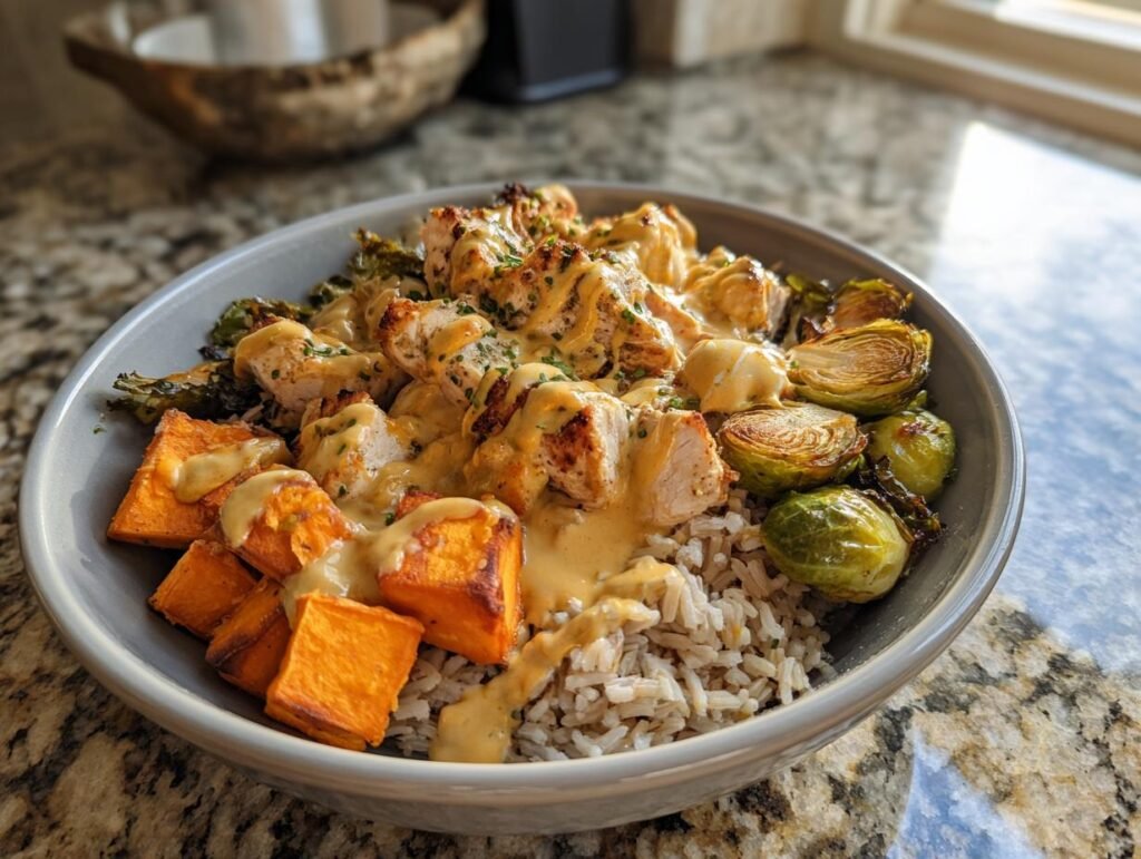 Maple Dijon Chicken & Roasted Sweet Potato Bowls