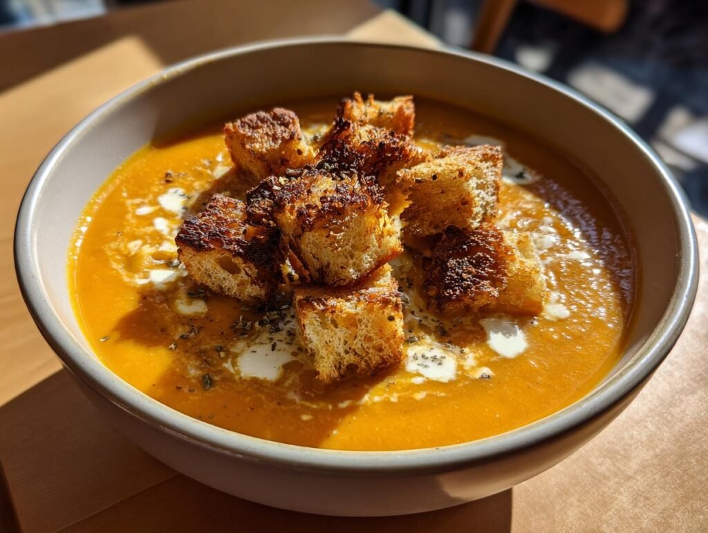 Sweet Potato and Roasted Apple Soup with Maple Croutons