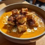 Sweet Potato and Roasted Apple Soup with Maple Croutons